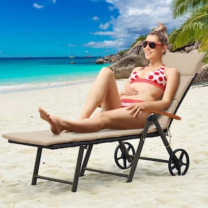 2-Piece Folding Wicker Outdoor Chaise Lounge Chair Cushioned Recliner with Wheels and Brown Cushion