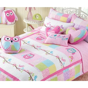 Little Cute Birds Owls Spring Floral 8 Piece Pink Purple Patchwork Cotton Queen Quilt Bedding Set & Decor Throw Pillows