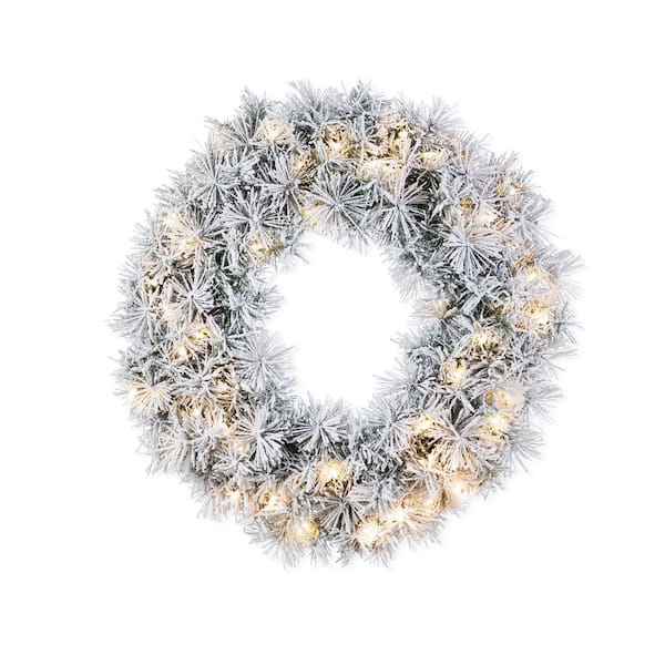 24 in. D PreLit Snow Flocked Greenery Pine Artificial Christmas Wreath with 50 White/Multi-Color Lights and Timer