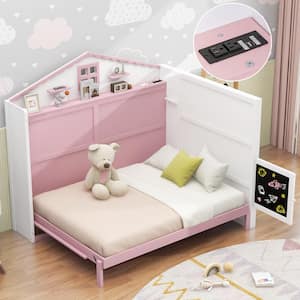 Pink and White Wood Frame Full Size House Murphy Bed, Wall Bed with USB, Storage Shelves, Blackboard