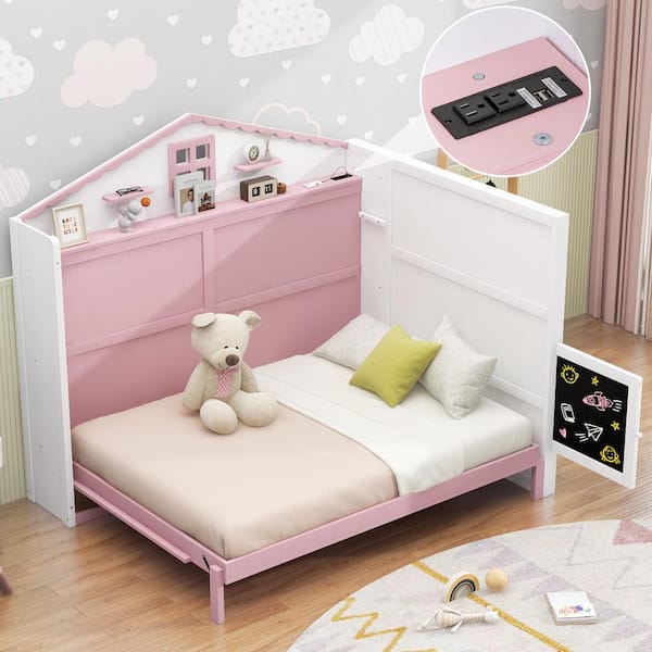 Harper & Bright Designs Pink and White Wood Frame Full Size House Murphy Bed, Wall Bed with USB, Storage Shelves, Blackboard