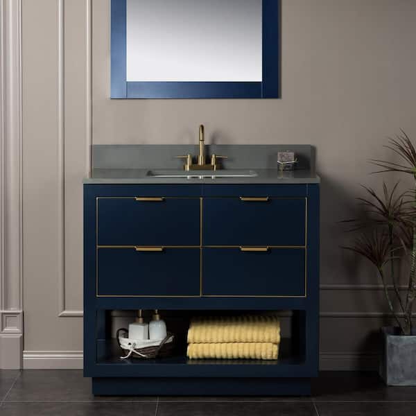 WOODBRIDGE Venice 43 in.W x 22 in.D x 38 in.H Bath Vanity in Navy Blue with Dark Gray Engineered stone Vanity Top with White Sink