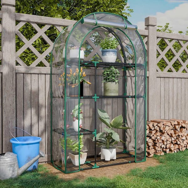 38.4 in. W x 17.3 in. D x 62.6 in. H Iron Frame and Clear PE Cover Portable 4-Tier Mini Greenhouse with Roll-Up Door