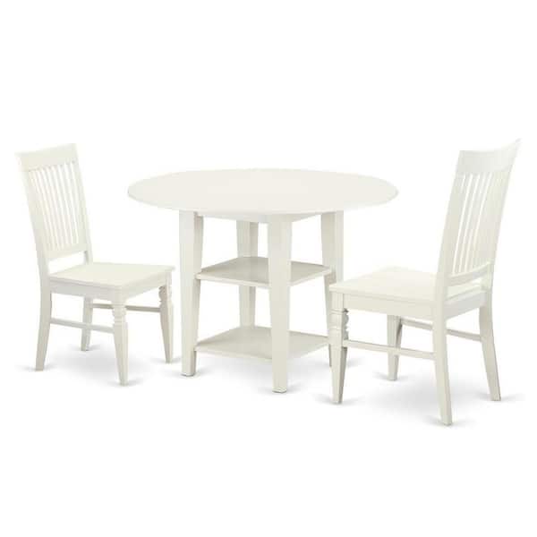 East West Furniture 3-Piece Linen White Finish Round Solid Wood Top Dining Table Set