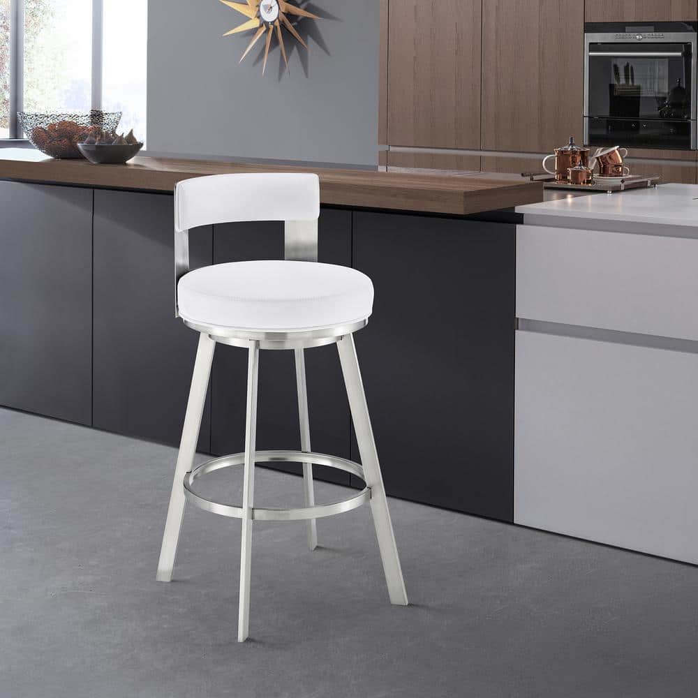 Armen Living Flynn 26 in. White/Brushed Stainless Steel Low Back Metal Counter Stool with Faux Leather Seat