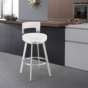Flynn 26 in. White/Brushed Stainless Steel Low Back Metal Counter Stool with Faux Leather Seat