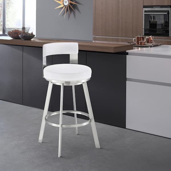 Armen Living Flynn 26 in. White/Brushed Stainless Steel Low Back Metal Counter Stool with Faux Leather Seat