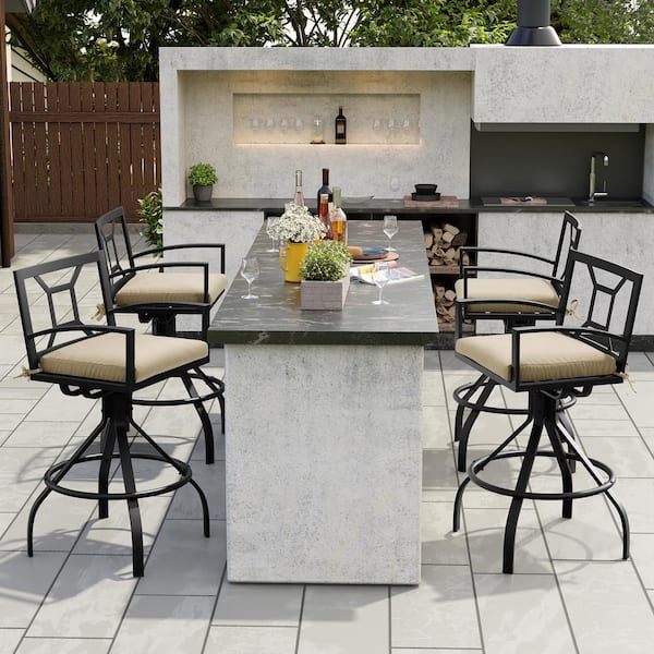 Swivel Aluminum Outdoor Bar Stool with Beige Sunbrella Cushion (4-Pack)