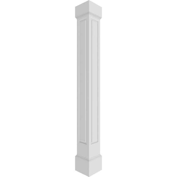 Ekena Millwork 7-5/8 in. x 10 ft. Premium Square Non-Tapered Raised Panel PVC Column Wrap Kit, Mission Capital and Base