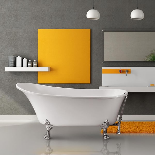 Streamline 63 in. Acrylic Clawfoot Non-Whirlpool Bathtub in Glossy White With Polished Chrome Clawfeet And Polished Chrome Drain