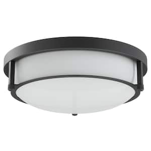 13 in. 2-Light Industrial Black Flush Mount Farmhouse Close to Ceiling Light Fixture with White Glass Shade