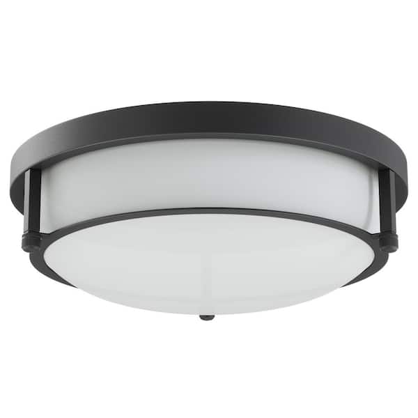 aiwen 13 in. 2-Light Industrial Black Flush Mount Farmhouse Close to Ceiling Light Fixture with White Glass Shade