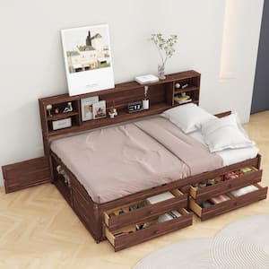 Antique Brown Wood Frame Full Size Platform Bed with Built-in Storage Shelves, 4 Drawers and 2 Cabinets
