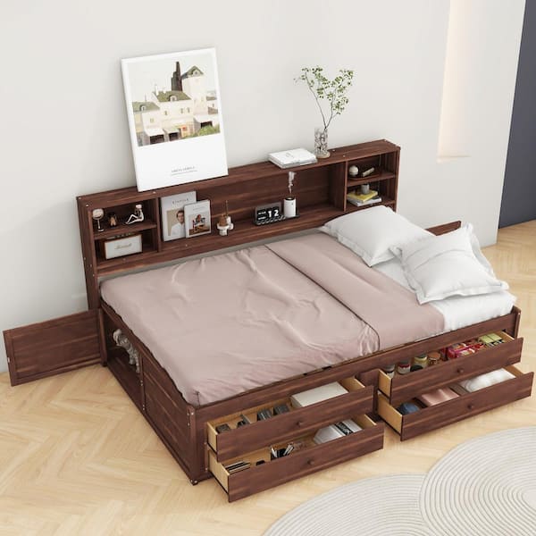 Harper & Bright Designs Antique Brown Wood Frame Full Size Platform Bed with Built-in Storage Shelves, 4 Drawers and 2 Cabinets