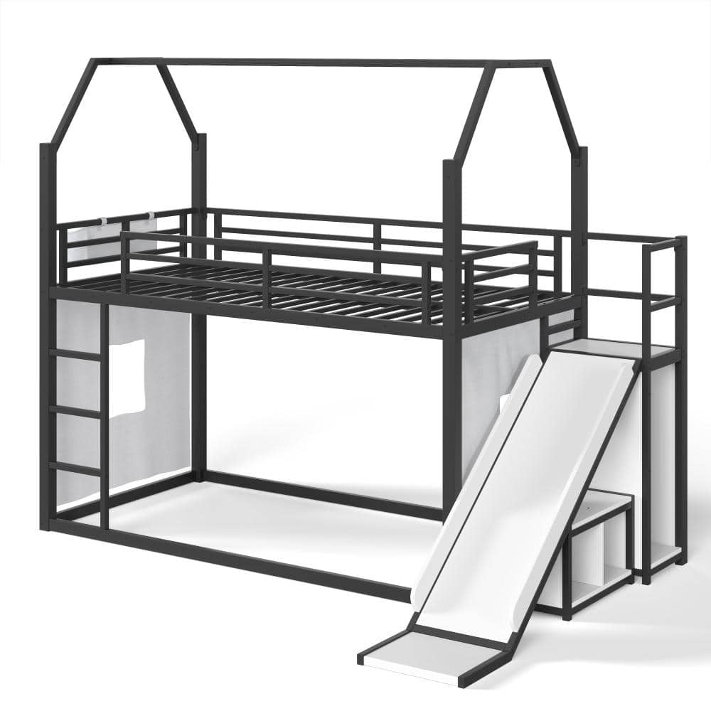 Black Twin House Loft Bed with Slide, LED Play Area, Hanging Clothes Rack & Storage Bag, Metal Frame with Guardrails price history on PriceWatchPro
