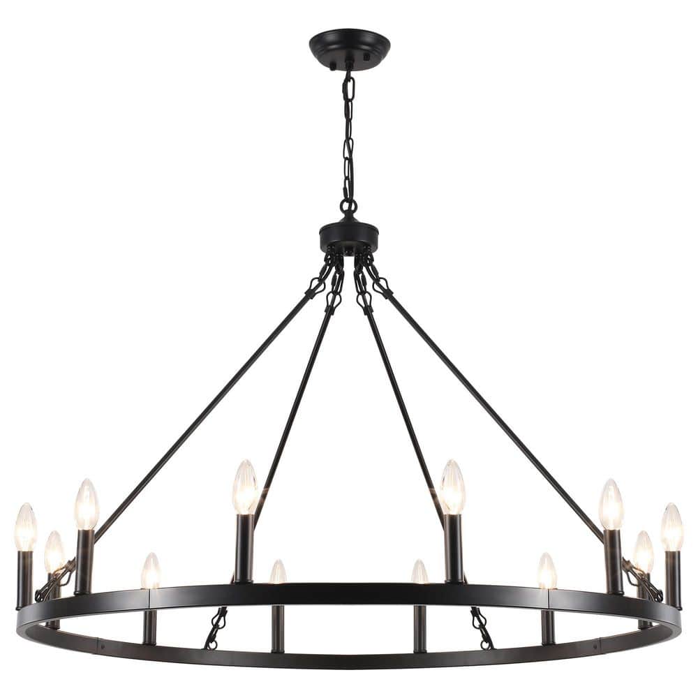 37.99 in. 12-Light Black Wagon Wheel Chandelier Extra Large Farmhouse Candle Pendant Light for Dining Living Room price history on PriceWatchPro