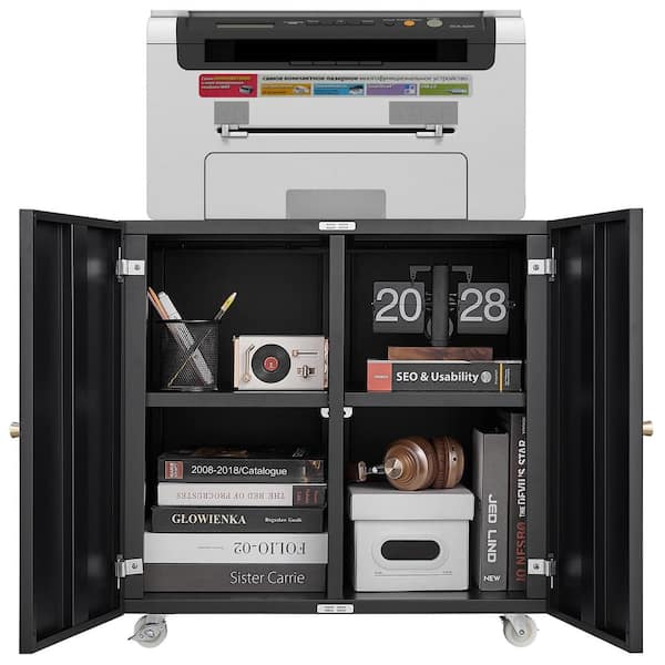 No-Drawer Black Metal 23.6 in. W Lateral File Cabinet Mobile Printer Stand with Grid Storage Printer Tables Storage Cart