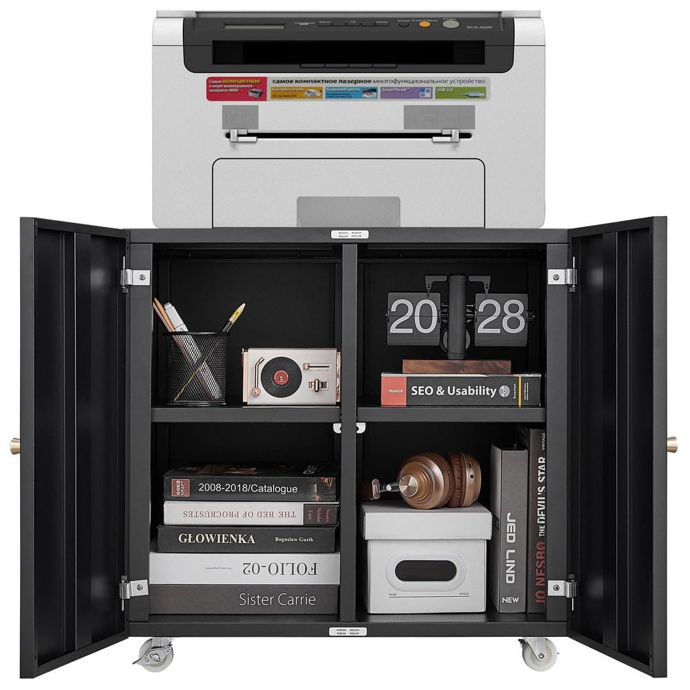 No-Drawer Black Metal 23.6 in. W Lateral File Cabinet Mobile Printer Stand 