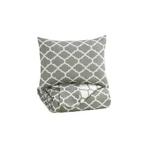 3-Piece Gray and White Solid Print Microfiber Queen Comforter Set