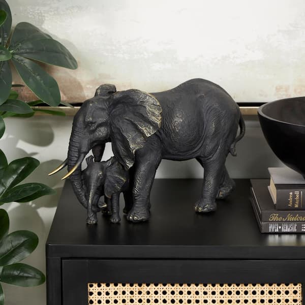 Litton Lane 9 in. Bronze Polystone Family Elephant Sculpture with Gold Foil Accents