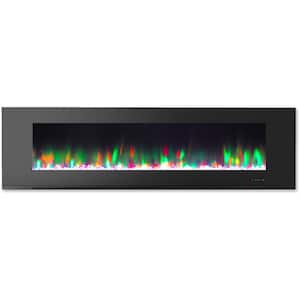 72 in. Wall-Mount Electric Fireplace in Black with Multi-Color Flames and Crystal Rock Display