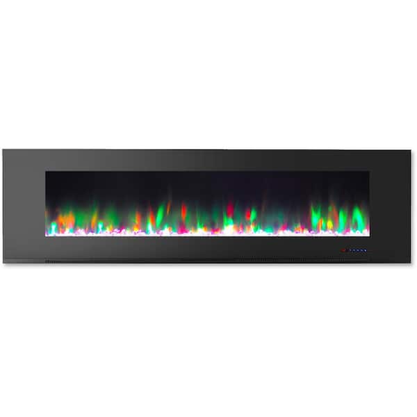 Hanover 72 in. Wall-Mount Electric Fireplace in Black with Multi-Color Flames and Crystal Rock Display