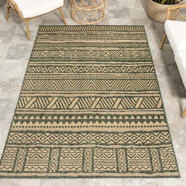 Green 8 ft. x 10 ft. Abbey Tribal Striped Indoor/Outdoor Area Rug