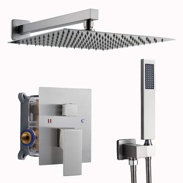 Rain Square Single Handle 1-Spray Shower Faucet 1.8 GPM with High Pressure 12 in. Shower Heads System in Brushed Nickel