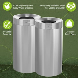 27 Gal. Heavy-Gauge Stainless Steel Round Open Top Commercial Garbage Trash Can (2-Pack)