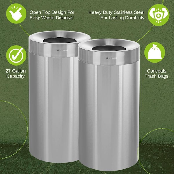 27 Gal. Heavy-Gauge Stainless Steel Round Open Top Vented Commercial Garbage Trash Can (2-Pack)