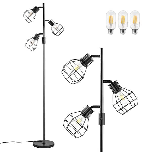 65 in. Black 3-Light Smart Dimmable Swing Arm Floor Lamp for Living Room with Elegant Cages