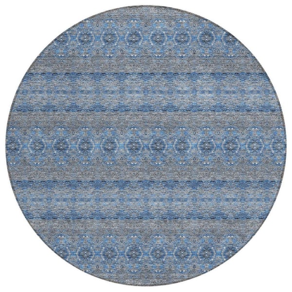 Navy Blue, Sky Blue 8 ft. Round Woven Floral Medallion Polyester Round Indoor/Outdoor Area Rug