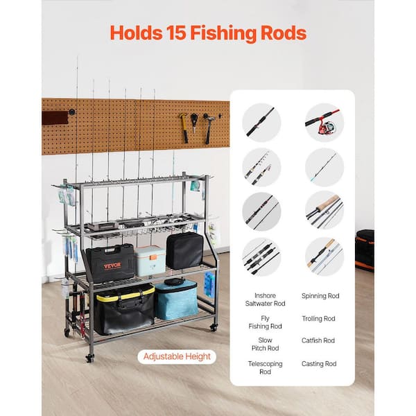 home depot fishing rod holder VEVOR Fishing Rod Holder for 15-Rods, Mobile Fishing Pole Rack Cart with  Wheels, Fish Gear Equipment Organizer for Indoor Use  ZLKYLZYCWJ15T68DS001V0-20251017