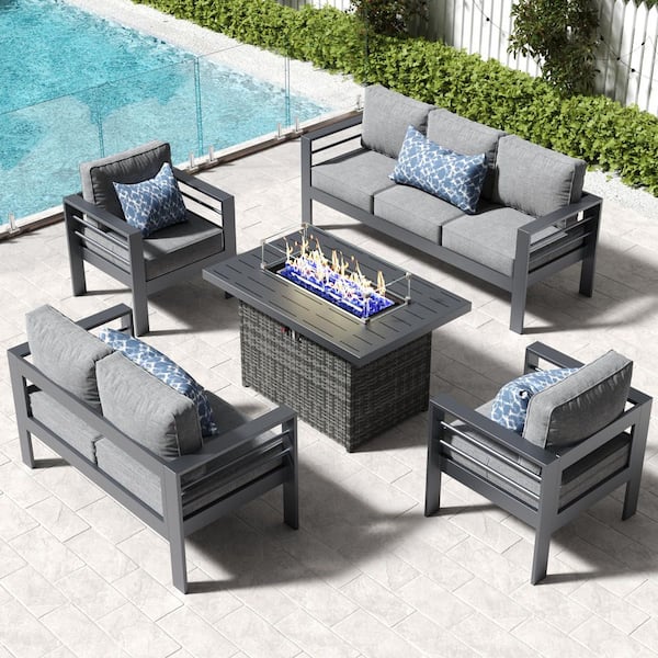 5-Piece Aluminum Patio Conversation Set with Propane Gas Rectangular Fire Pit Table and Gray Cushion