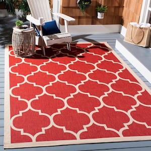 Courtyard Red/Bone 7 ft. x 7 ft. Moroccan Geometric Indoor/Outdoor Patio  Square Area Rug