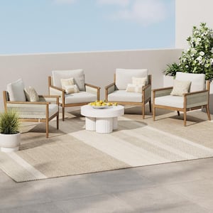 Kayden Bohemian Brushed Light Brown Solid Acacia Frame Upholstered Outdoor Lounge Chair with Gray Cushion, Set of 4