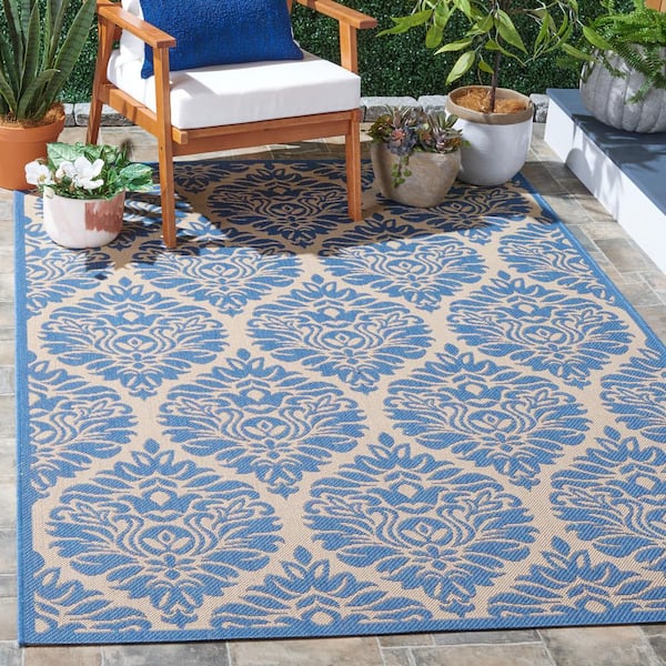 Beach House Cream/Blue Doormat 2 ft. x 4 ft. Floral Damask Indoor/Outdoor Area Rug