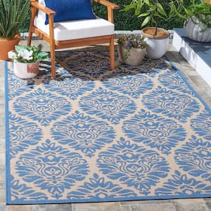 Beach House Cream/Blue Doormat 3 ft. x 5 ft. Floral Damask Indoor/Outdoor Area Rug
