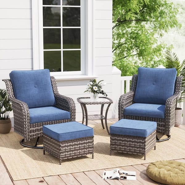 Poteban Dark Gray (PE) Rattan 5-Piece Outdoor Conversation Set With Navy Blue Cushions-2 Swivel Sofas, 2 Ottomans, 1 Table.