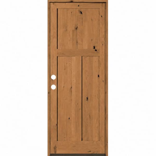 32 in. x 96 in. Rustic Knotty Alder 3 Panel Right-Hand/Inswing BEHR Cedar Stain Wood Prehung Front Door