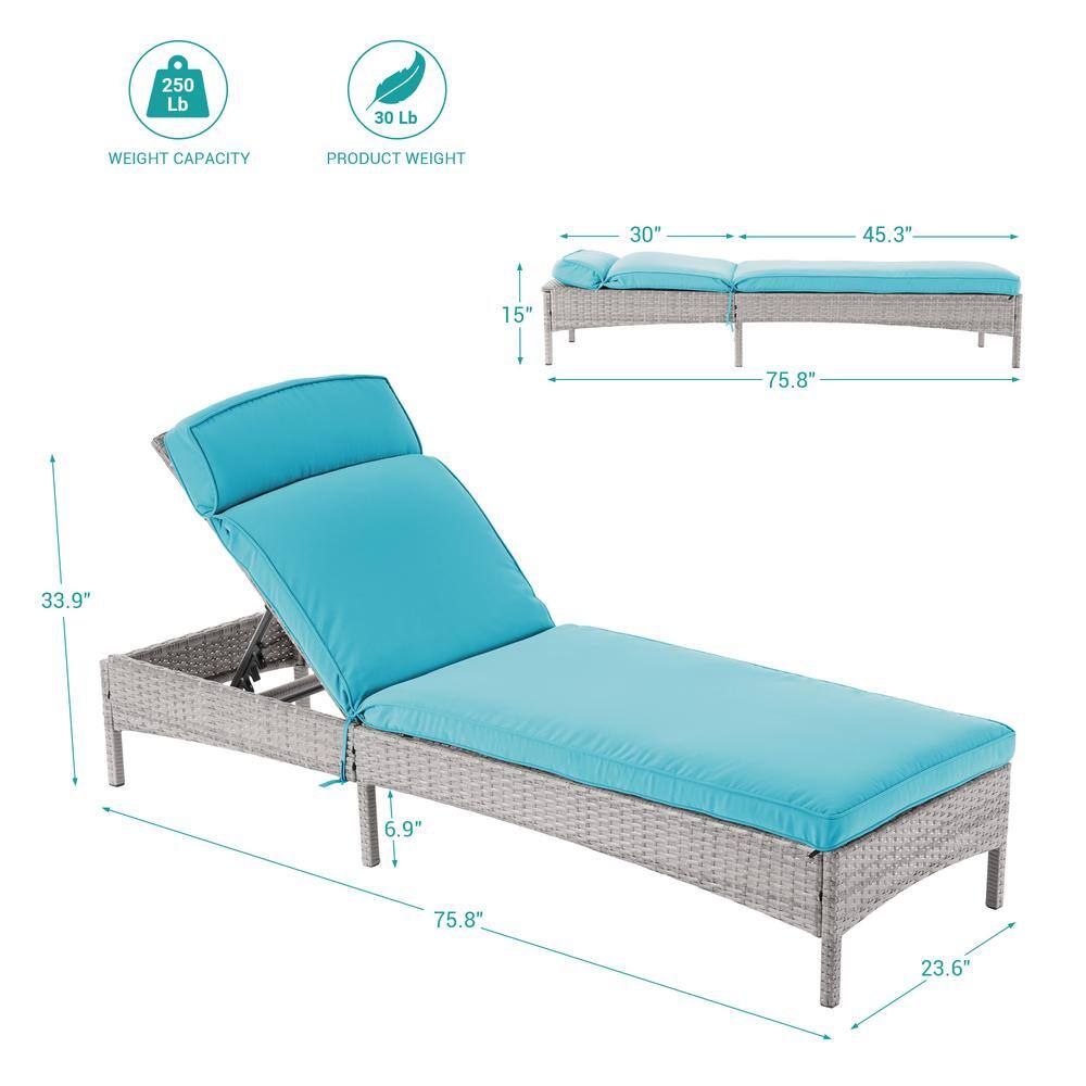 Grey wicker chaise lounge chair with lake blue cushions and dimension labels.