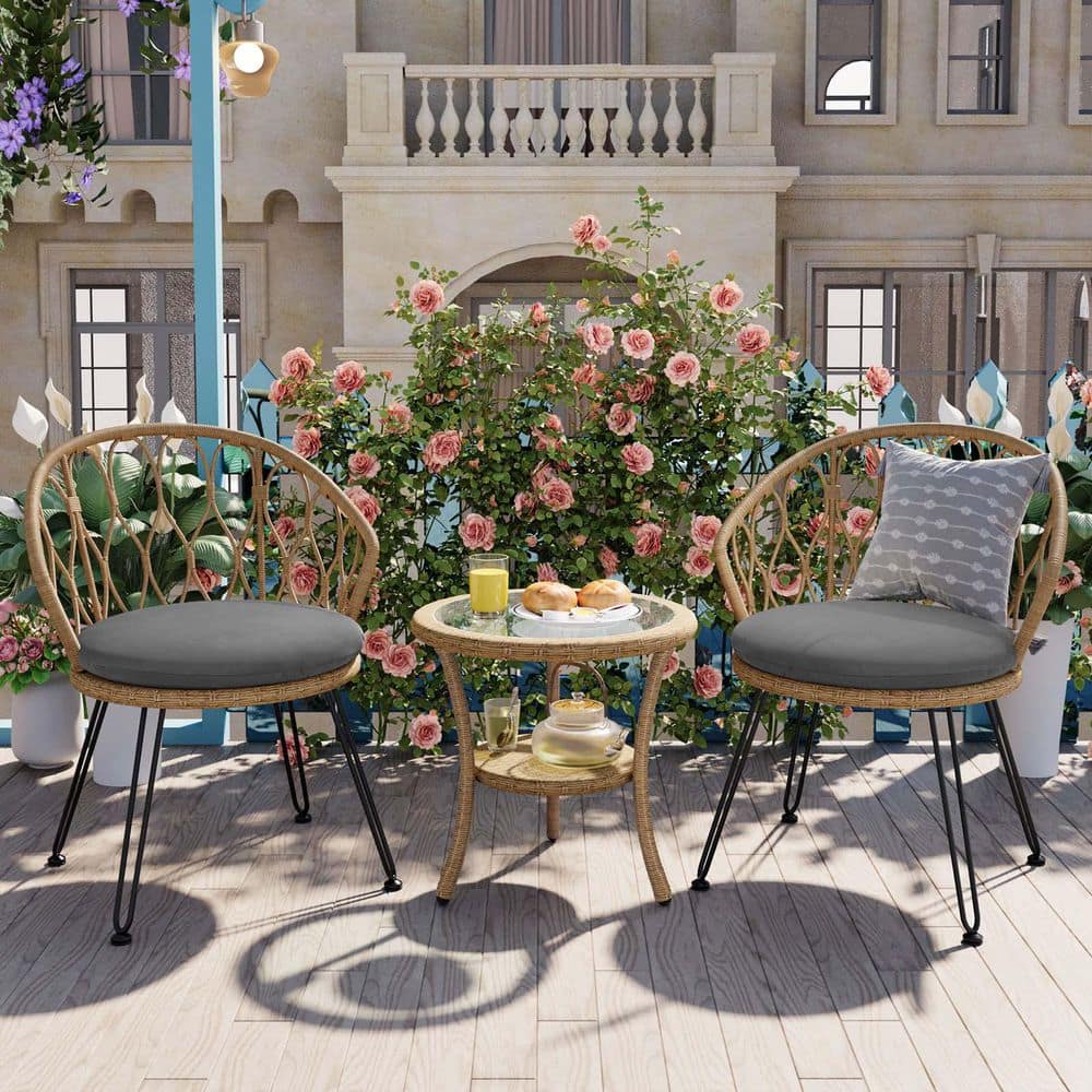 Natural 3-Piece Wicker Outdoor Bistro Set with Gray Cushion, Patio Furniture Set with Coffee Table for Garden price history on PriceWatchPro