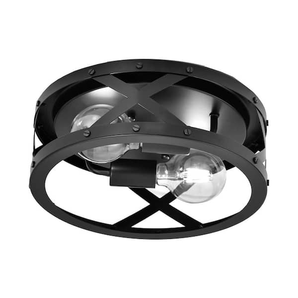YANSUN 11.8 in. 2-Light Matte Black Flush Mount with Drum Shape