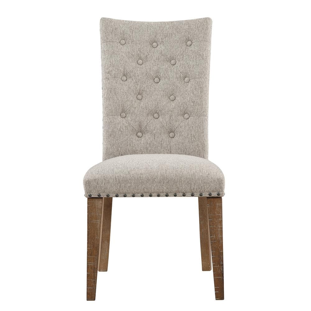 Oatmeal Upholstered Button Tufted Side Chair with Wood Legs