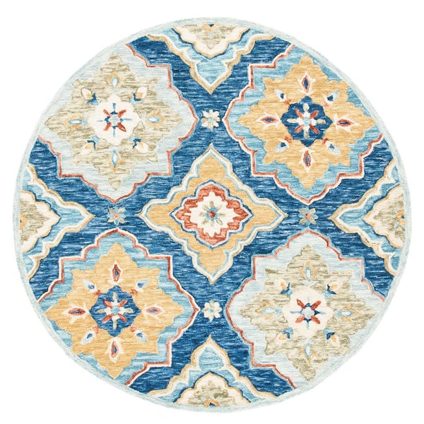 Suzani 6 ft. x 6 ft. Navy/Green Floral Border Round Area Rug