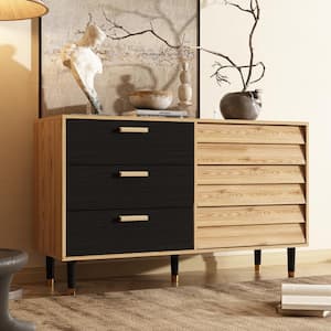 Burly Wood Color and Black 28.7 in. Height Rectangle Wooden Storage Cabinet, Sideboard, Dresser with 6 Drawers