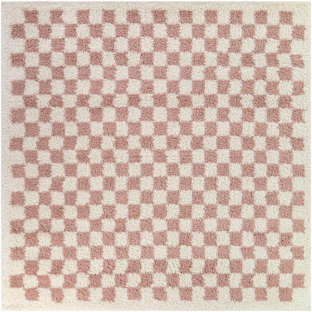 Pink and White Checkered Square Shag Kids' Rug