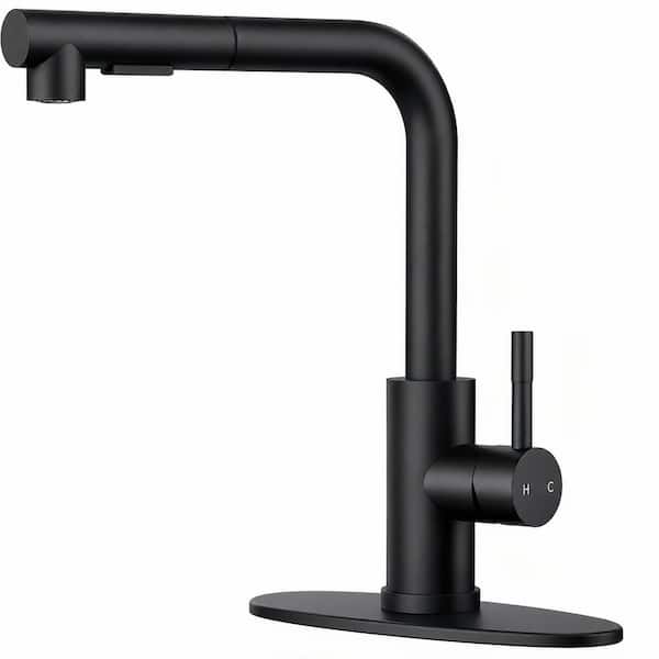 Single Handle Pull Out Sprayer Kitchen Faucet with 360° Spout Swivel in Matte Black, Stainless Steel