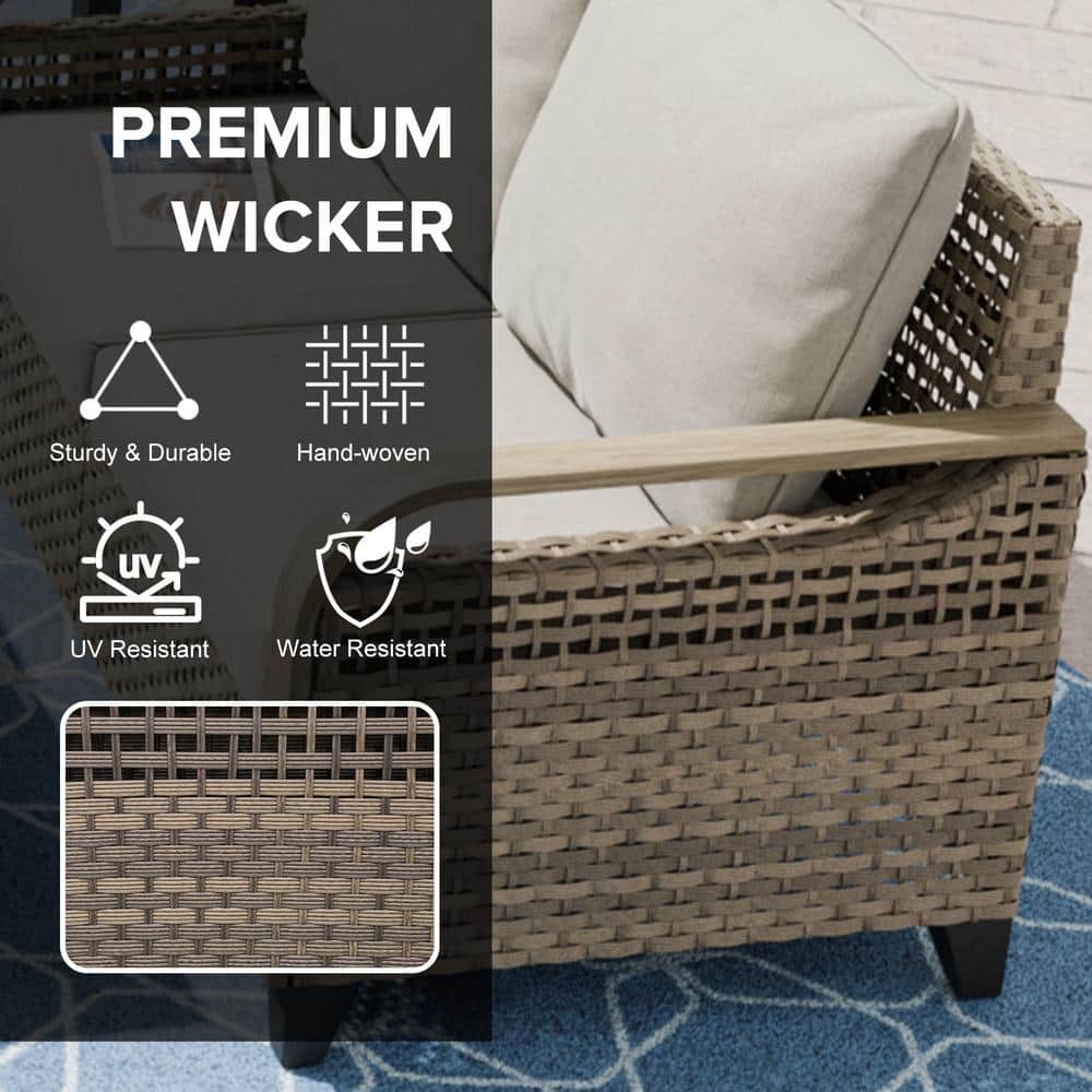 Outdoor Beige Wicker and Steel Three-Seat Sectional Sofa with Gray Cushions