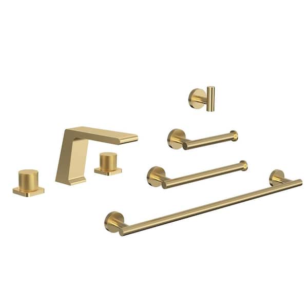 GRANDJOY Velmora Waterfall 8 in. Widespread Double Handle Bathroom Faucet and Towel Rack Set in Brushed Gold Drain Not Included